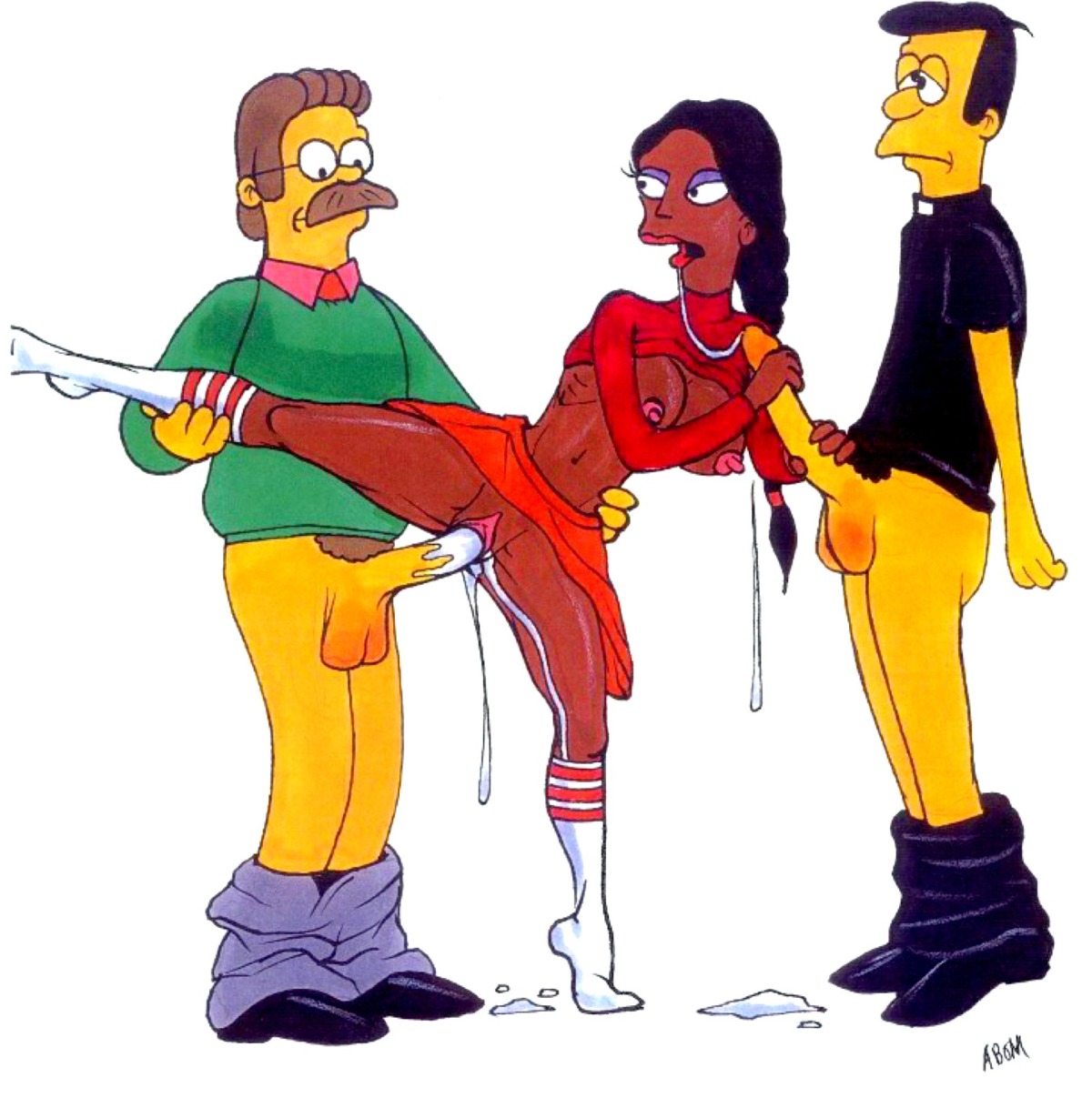 1girls 20th_century_studios 2boys abom accurate_art_style breasts cum cum_in_pussy cum_inside dark-skinned_female dark_skin female indian indian_female interracial male manjula_nahasapeemapetilon ned_flanders pussy rule34 socks spread_legs the_simpsons timothy_lovejoy vaginal_penetration woman yellow_body yellow_skin