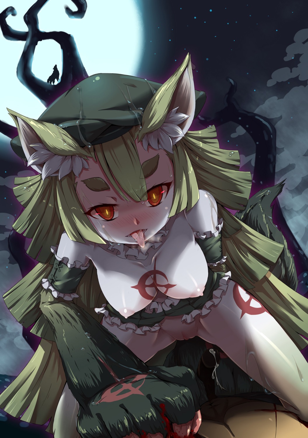 animal_humanoid blood blush bodily_fluids breasts canid canid_humanoid canine canine_humanoid canis claws clothing duo e621 erection eyebrows female female_on_top full_moon gen'ei_wo_kakeru_taiyou genitals green_hair hair hat headgear headwear hi_res human human_on_humanoid humanoid humanoid_genitalia humanoid_penis interspecies long_hair looking_at_viewer male male_on_bottom mammal mammal_humanoid moon night nipples on_bottom on_top orange_eyes penis red_eyes sirills solo_focus steam tattoo tongue tsukuyomi_luna vulva wolf wolf_humanoid