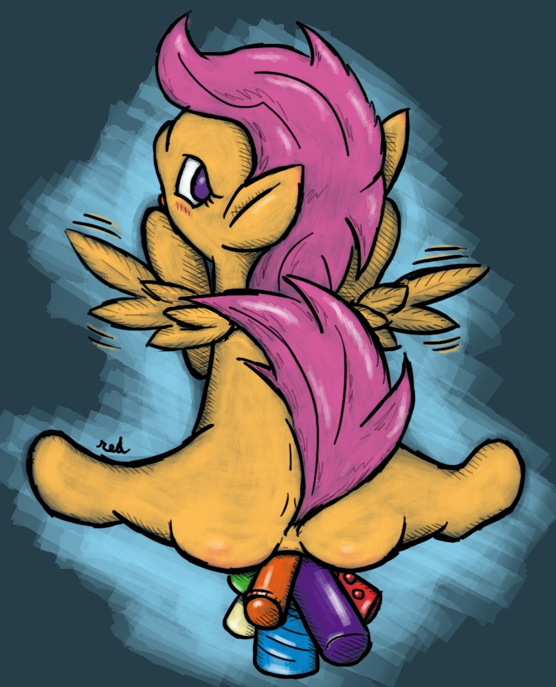 2012 anal anal_penetration blush e621 equid equine feathered_wings feathers female feral friendship_is_magic hair hasbro loli looking_at_viewer looking_back mammal multiple_insertions my_little_pony mythological_creature mythological_equine mythology orange_body orange_feathers pegasus penetration purple_eyes purple_hair redcladhero scootaloo_(mlp) sex_toy solo tail wings young young_feral