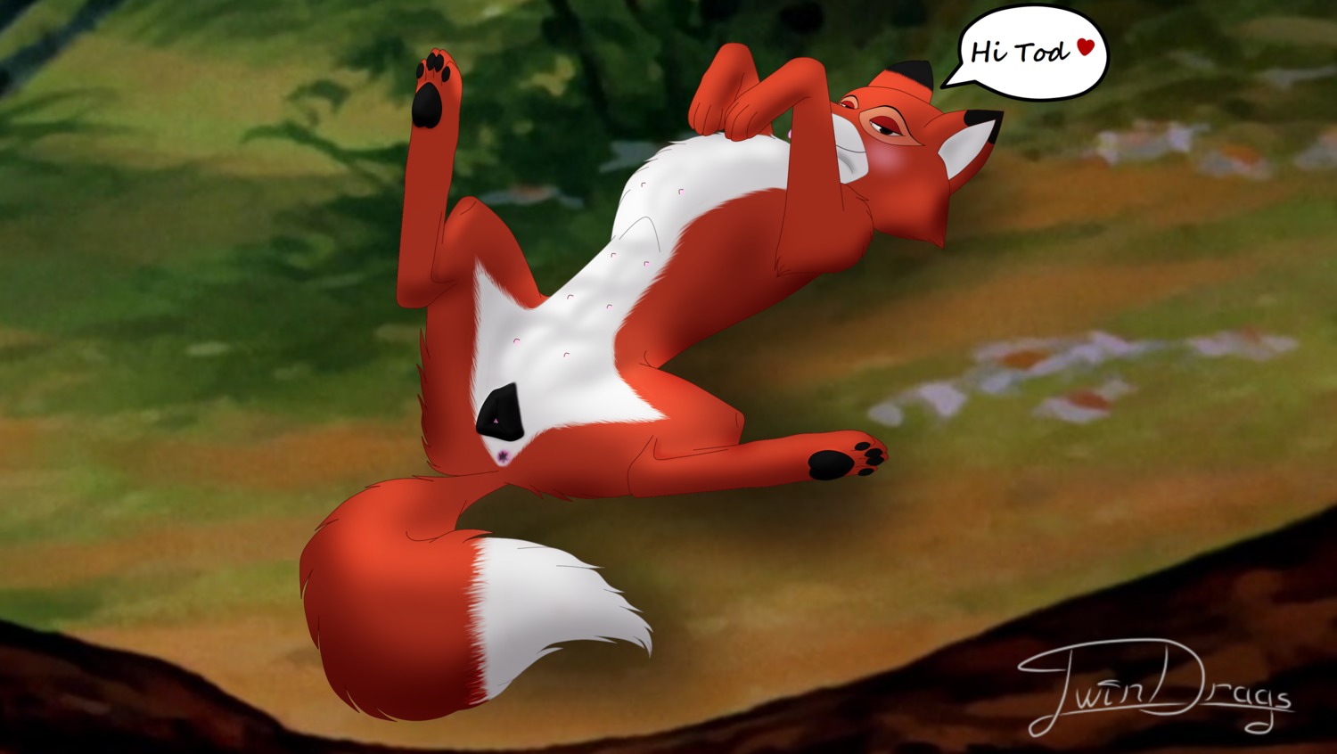 absurd_res anatomically_correct anatomically_correct_genitalia anatomically_correct_vulva animal_genitalia animal_vulva anus blush breasts canid canine canine_genitalia canine_vulva detailed_background disney e621 feet female feral forest fox genitals hi_res hindpaw mammal multi_nipple nipples outside paws plant red_fox seductive solo teasing the_fox_and_the_hound tree true_fox twindrags vixey_(tfath) vulva
