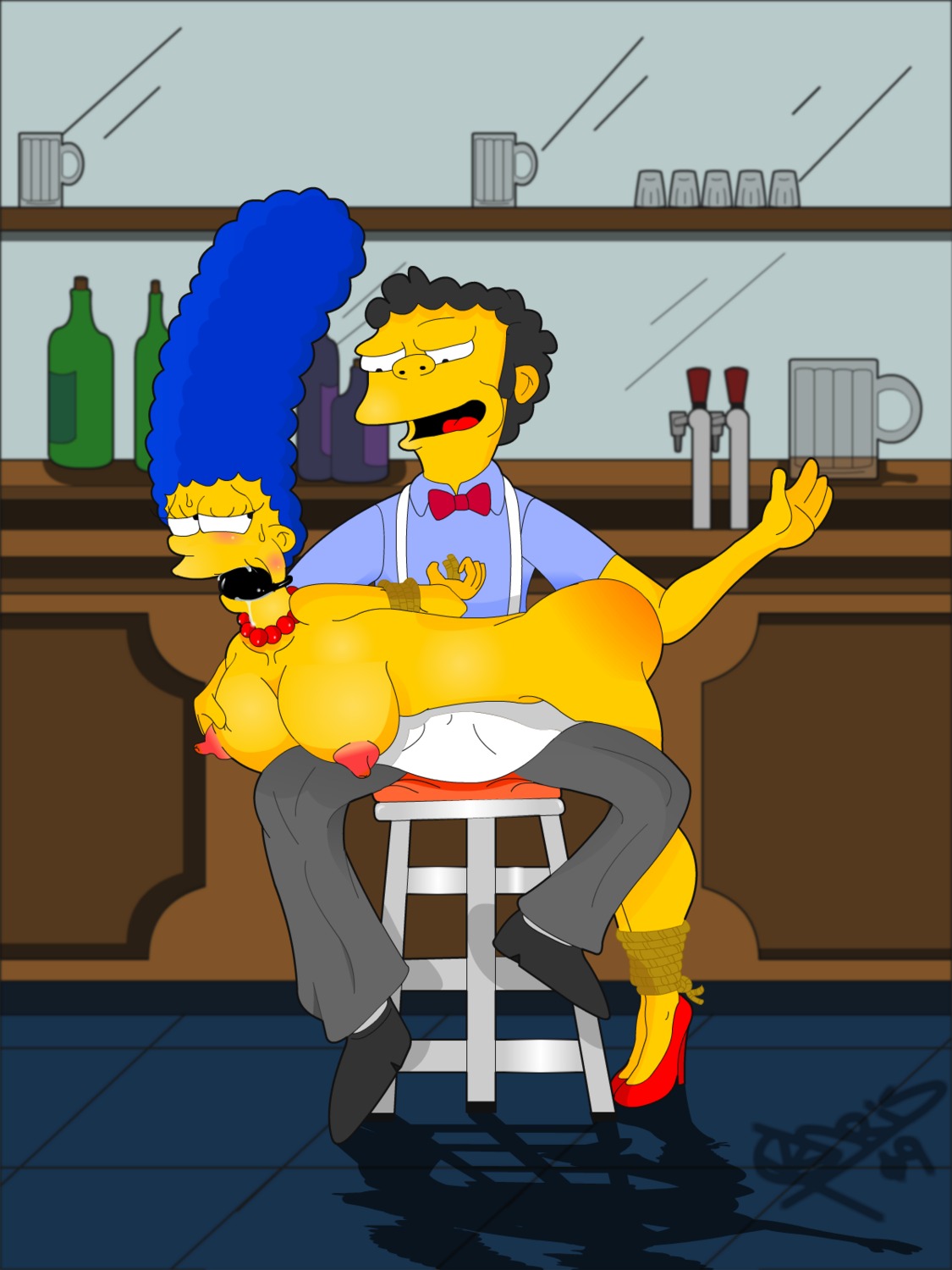 20th_century_studios accurate_art_style ass breasts color female high_heels human indoors male marge_simpson moe's_tavern moe_szyslak nipples nude rule34 sitting spanking stool tagme the_simpsons yellow_body yellow_skin