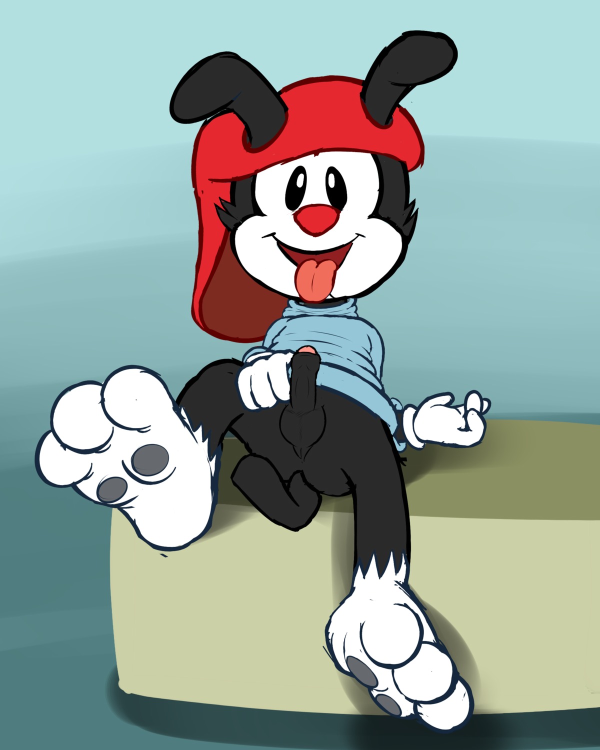 4:5 absurd_res animaniacs anthro balls bottomless clothed clothing e621 erection foreskin genitals hat headgear headwear hi_res humanoid_genitalia humanoid_penis inkblot male mammal partially_retracted_foreskin penis solo tongue tongue_out tweaker_(artist) wakko_warner warner_brothers young young_anthro young_male