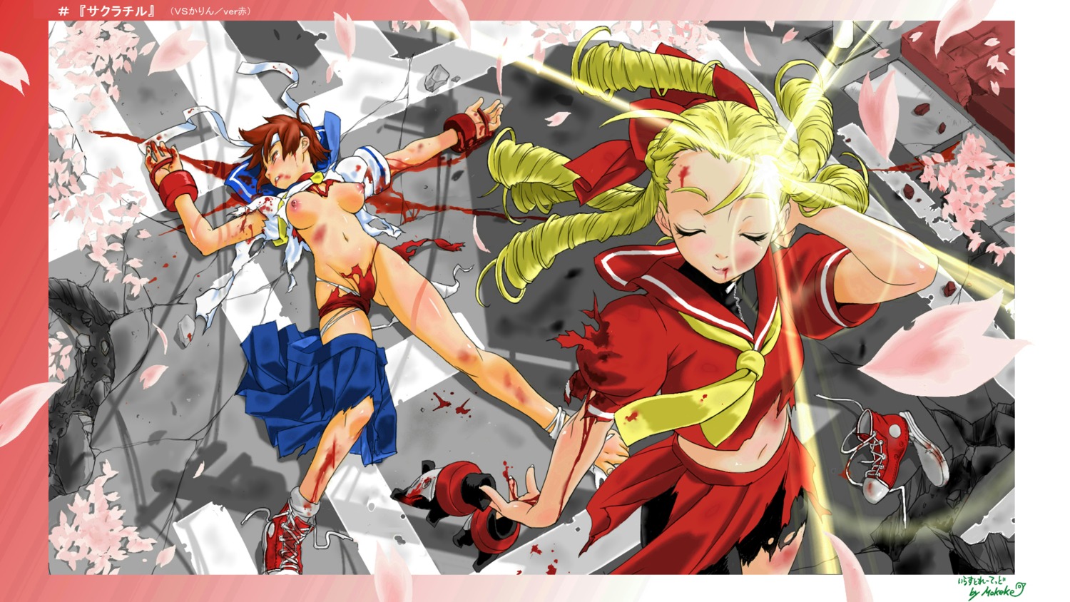 2girls beaten blonde_hair blood breasts bruise capcom catfight cherry_blossoms cherry_petals closed_eyes defeated female female_only fight fingerless_gloves footwear gloves gloves_off handwear headband headwear highres human injury karin_kanzuki lens_flare long_hair lying midriff mokeke!! multiple_females multiple_girls navel nipples on_back pale_skin petals pleated_skirt ringlets rule34 sakura_kasugano school_uniform serafuku shoes short_hair skirt sneakers street street_fighter street_fighter_alpha street_fighter_alpha_3 torn_clothes violence