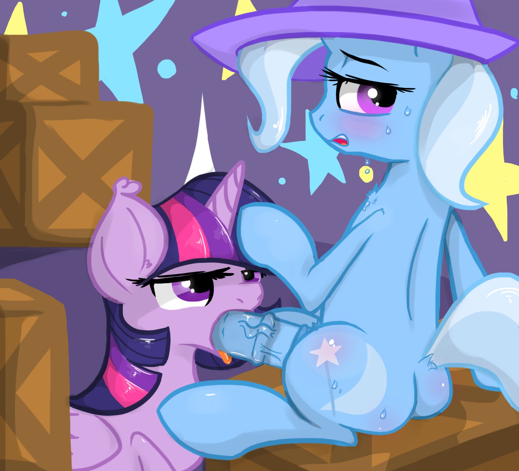 2014 animal_genitalia animal_penis blush bodily_fluids cutie_mark duo e621 equid equine equine_genitalia equine_penis erection fellatio female feral friendship_is_magic fur genitals gynomorph gynomorph/female gynomorph_penetrating hair hasbro hi_res horn intersex intersex/female intersex_penetrating mammal multicolored_hair my_little_pony mythological_creature mythological_equine mythology oral oral_penetration penetration penile penis purple_hair sex sweat trixie_(mlp) twilight_sparkle_(mlp) two_tone_hair unicorn wasajoke