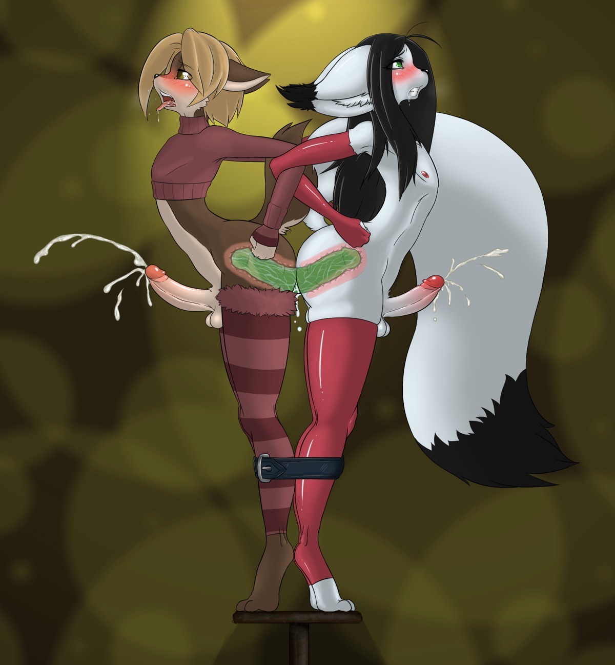 2013 anal anal_penetration anthro armwear ass_to_ass balls bantar2 black_nose blush bodily_fluids brown_body brown_eyes brown_fur brown_hair canid canine clothed clothing crossdressing cum cum_string cum_while_penetrated cumshot dildo double_dildo drooling duo e621 ejaculation elbow_gloves erection femboy fur genital_fluids genitals gloves green_eyes hair hands-free handwear hi_res humanoid_genitalia humanoid_penis internal legwear long_ears male male/male male_penetrated male_penetrating male_penetrating_male mammal nipples open_mouth orgasm orgasm_face penetration penis phanero raised_tail saliva sex sex_toy short_hair standing stockings tail teeth tongue tongue_out white_body white_fur