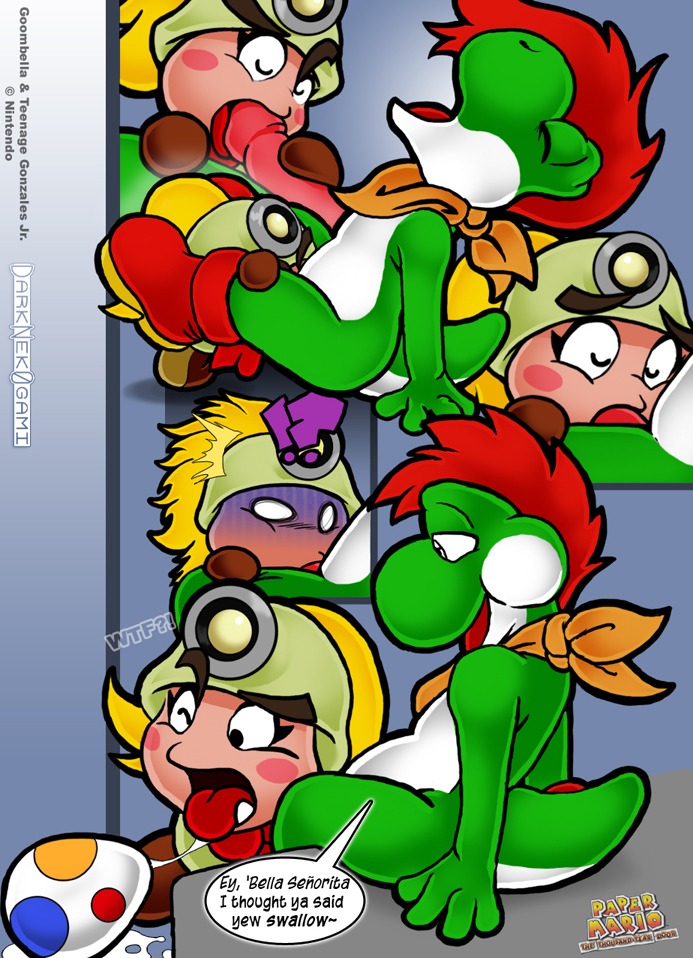 anthro blonde_hair blush blush_stickers bodily_fluids clothing cum cum_in_mouth cum_inside dark_nek0gami dialogue dinosaur duo e621 egg egg_from_penis egg_in_mouth egg_insertion emanata english_text erection eyes_closed fellatio female female_penetrated genital_fluids genitals goomba goombella green_yoshi hair hat headgear headwear humor interrobang larger_male licking male male/female male_penetrating male_penetrating_female mario_bros nintendo nipples open_mouth oral oral_penetration orgasm oviposition paper_mario paper_mario:_the_thousand_year_door penetration penile penis penis_lick prehistoric_species red_hair reptile scalie sex size_difference smaller_female smaller_penetrated spanish_text speech_bubble tail text the_great_gonzales_jr tongue tongue_out translated waddling_head yoshi yoshi_egg