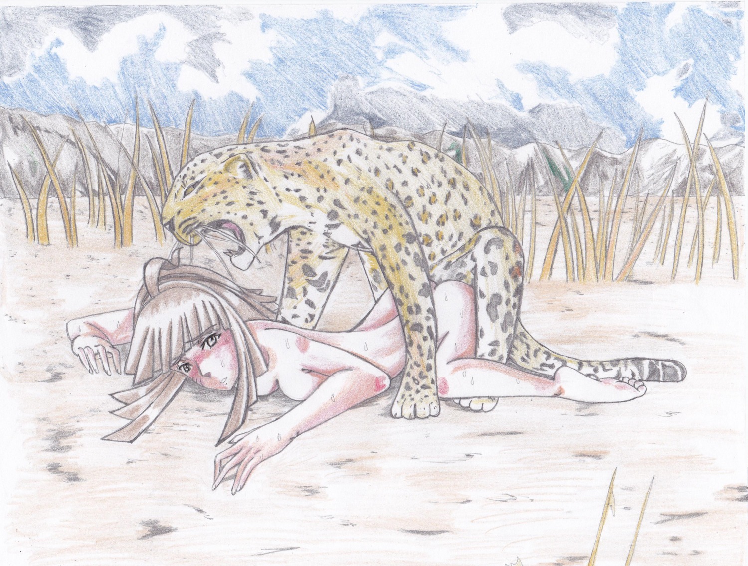 animal bare_shoulders blush brown_hair doggy_style female grass humping leopard nature nature_background rule34 sex sweat sweaty traditional_media_(artwork) zoophilia
