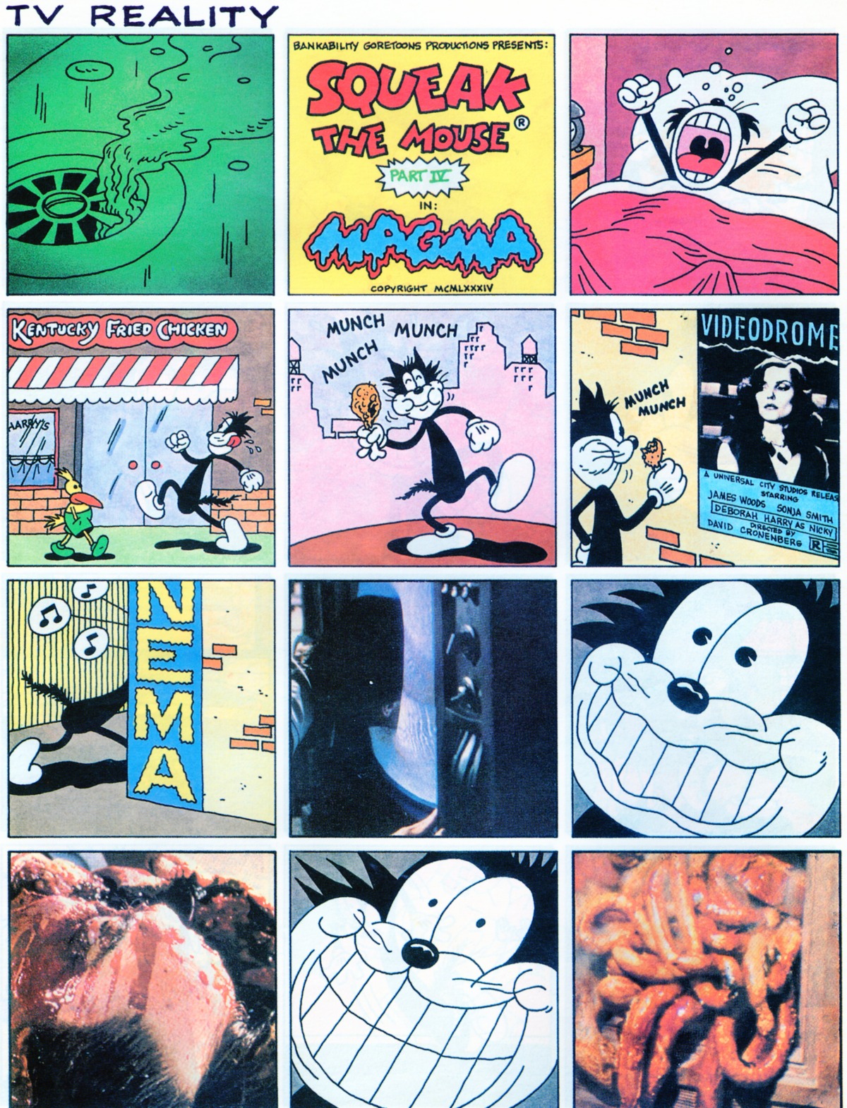 1982 absurd_res ambiguous_gender anthro avian bird cat_(squeak_the_mouse) chicken comic domestic_cat duo e621 eating english_text felid feline felis first_page food galliform gore hi_res mammal massimo_mattioli movie_poster movie_theater munch_(sound_effect) onomatopoeia phasianid solo sound_effects squeak_the_mouse tail text