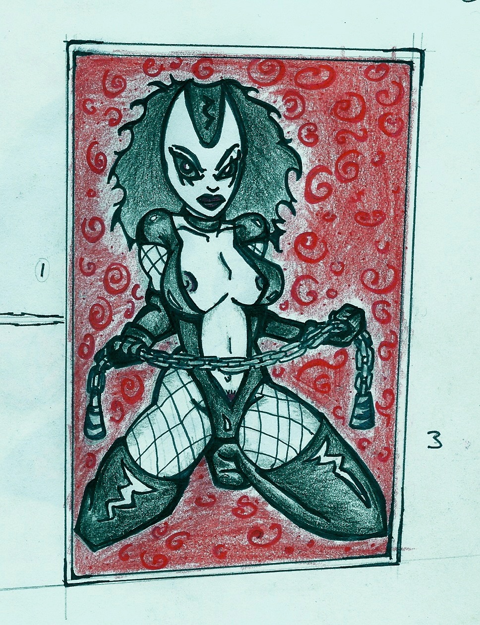1girls 2d belly black_hair breasts chains female fishnets ghost_rider_(series) lilith lilith_(marvel) marvel marvel_comics rule34 solo tagme white_skin