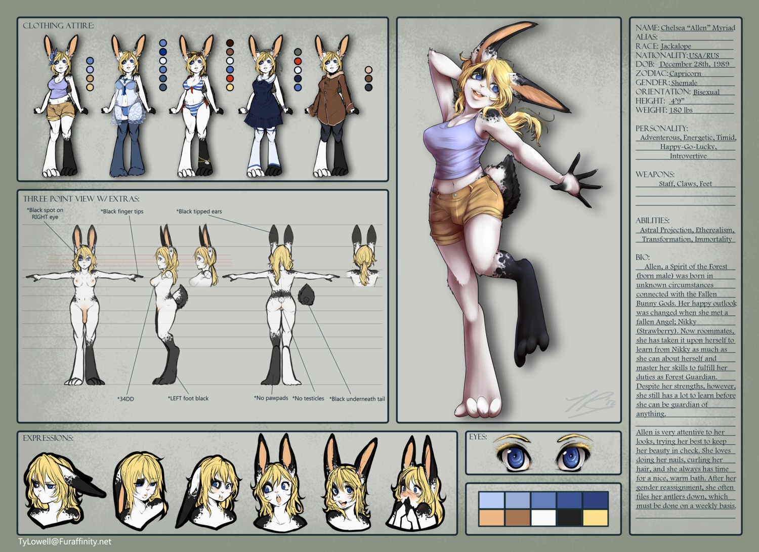 11:8 absurd_res anthro antlers bikini blonde_hair blue_eyes bottomwear breasts bulge butt chelsea_myriad clothed clothing coat color_swatch digitigrade dress e621 english_text flaccid fully_clothed genitals gynomorph hair hi_res horn intersex jackalope lagomorph lingerie mammal model_sheet nightgown nude penis shorts side_view skimpy solo swimwear text tight_clothing topwear turnaround two-piece_swimsuit tylowell