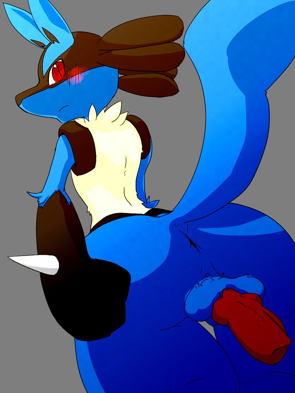 2014 3:4 alpha_channel animal_genitalia animal_penis anthro anus backsack balls big_butt blue_body blue_fur blush butt canid canine canine_genitalia canine_penis curved_penis digital_media_(artwork) e621 erection fur generation_4_pokemon genitals hi_res knot legs_together looking_at_viewer looking_back lucario male mammal nintendo penis penis_backwards penis_tuck pokemon pokemon_(species) presenting presenting_hindquarters raised_tail red_eyes remimanomoke solo spikes tail wide_hips