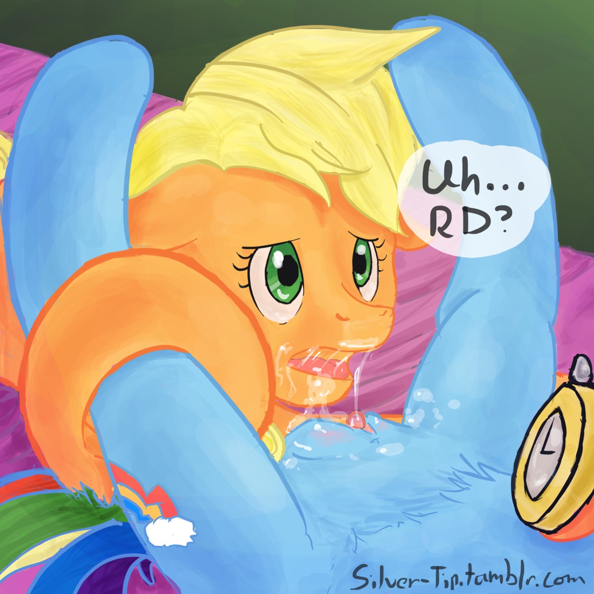 1:1 2013 abstract_background applejack_(mlp) bed blonde_hair blue_body blue_fur bodily_fluids clitoris clock cum cum_on_face cum_on_self cum_on_tongue cum_on_vulva cunnilingus dialogue duo e621 earth_pony english_text equid equine faceless_character faceless_female female female/female feral friendship_is_magic fur furniture genital_fluids genitals green_eyes hair hasbro hi_res horse lying mammal multicolored_tail my_little_pony open_mouth oral orange_body orange_fur plump_labia pony rainbow_dash_(mlp) rainbow_tail sex silver-tip_(artist) simple_background stopwatch tail text timer tongue vaginal vulva watch worried