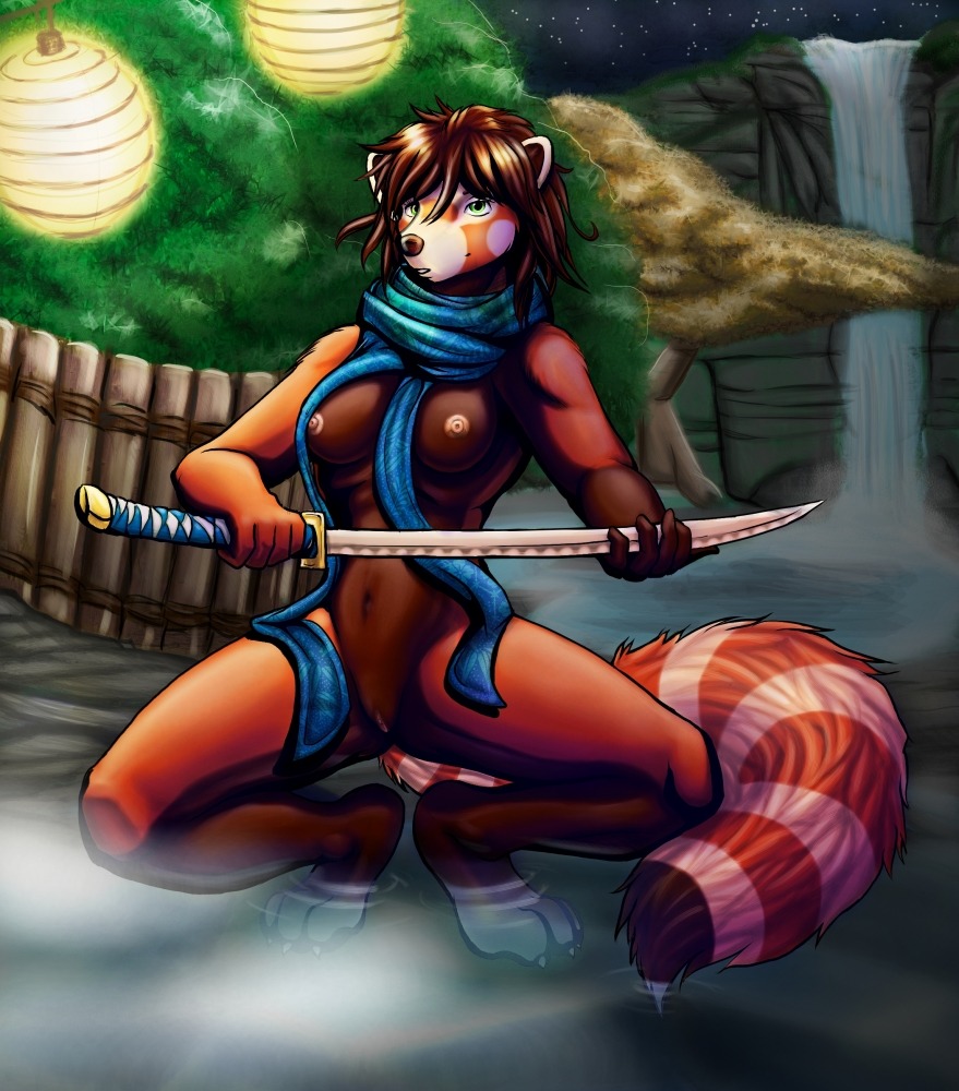 ailurid anthro boneitis breasts brown_hair crouching e621 female genitals hair holding_katana holding_melee_weapon holding_object holding_sword holding_weapon hot_spring katana lamp lantern mammal melee_weapon nipples nude paper_lantern red_panda scarf solo sword tail vulva water waterfall weapon