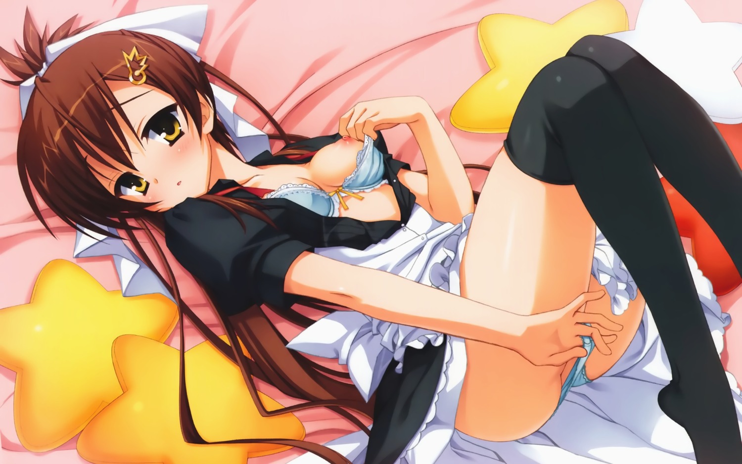 bra brown_hair female kobuichi nipples panty_pull rule34 tenshinranman thighhighs underwear yamabuki_aoi yellow_eyes