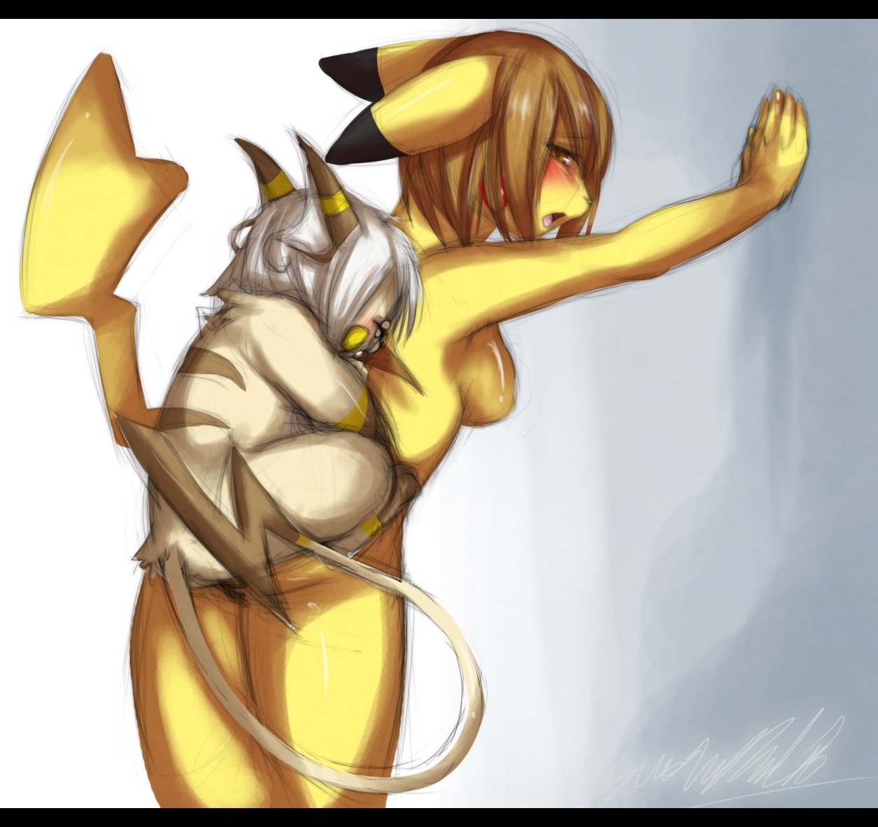 against_surface against_wall anthro anthro_on_feral anthrofied bestiality black_bars blush breasts cleft_tail duo e621 female female_on_feral feral from_behind_position fur generation_1_pokemon intraspecies intraspecies_bestiality larger_sub leaning leaning_forward letterbox level_difference looking_back male male/female male_on_anthro mammal mayu_(tartii) nintendo nude pikachu pokemon pokemon_(species) pokemorph raichu rodent sex side_boob size_difference standing submissive tail tartii yellow_body yellow_fur