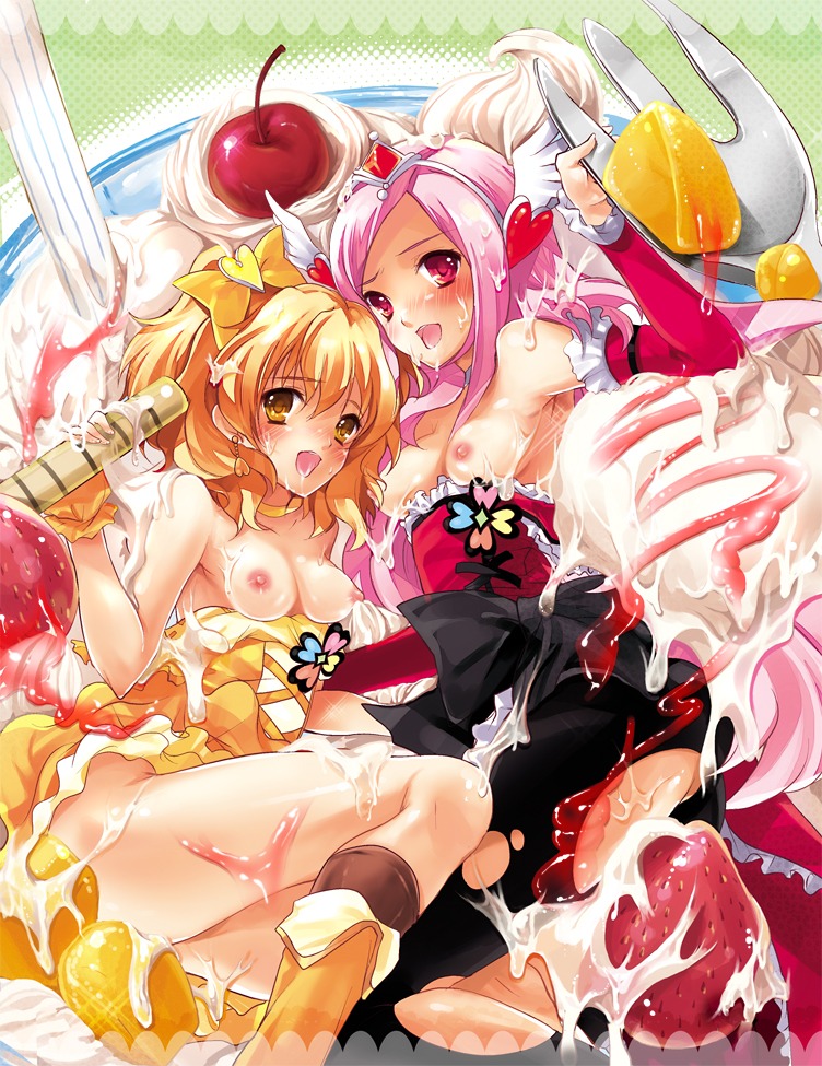 2girls bow breasts clothing cure_passion female food fresh_precure! fresh_pretty_cure girl_in_food higashi_setsuna hisama_kumako inori_yamabuki magical_girl multiple_females multiple_girls precure pretty_cure rule34 small_breasts