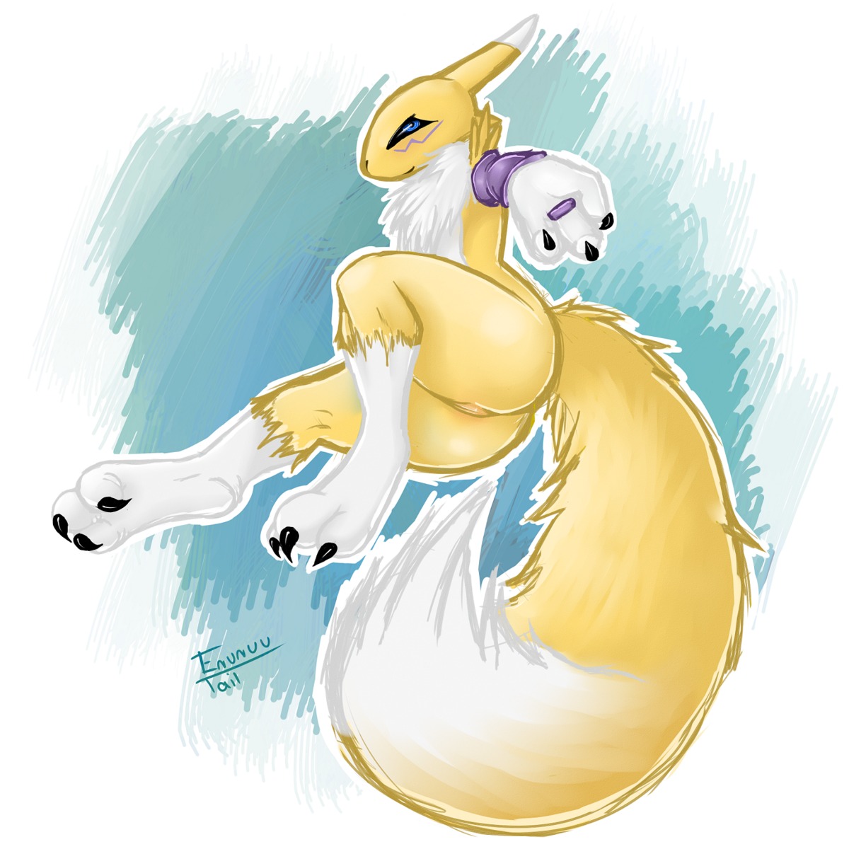 1:1 anthro bandai_namco black_sclera blue_eyes canid canine chest_tuft claws digimon digimon_(species) e621 eruruutail female fur genitals hi_res mammal renamon solo tuft vulva yellow_body yellow_fur
