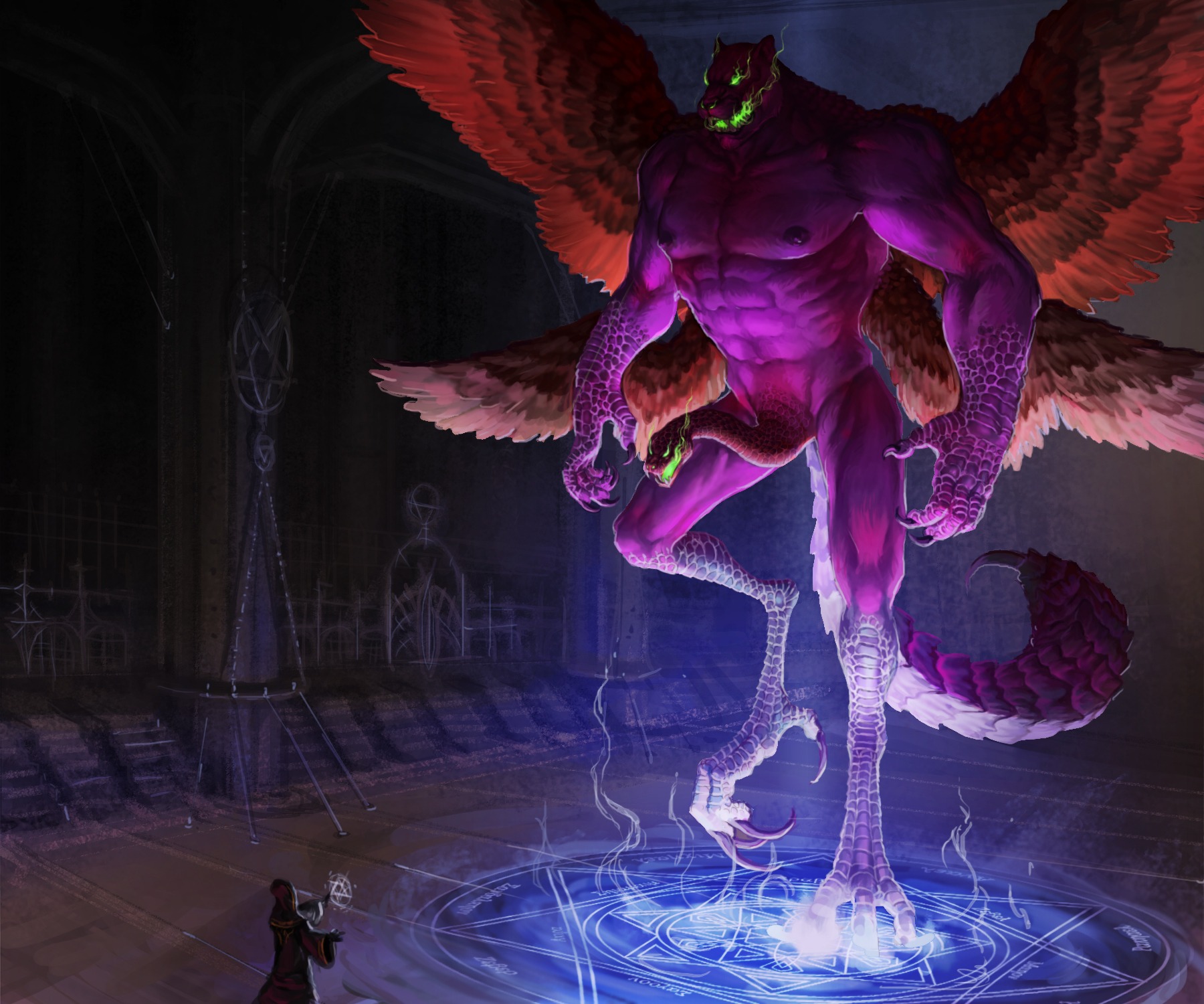 6:5 abs athletic babylonian_mythology barefoot biceps big_muscles black_nipples chimera claws clothing cool_colors darkness deity demon detailed detailed_background digitigrade duo e621 feathered_wings feathers feet flying fur genitals glowing glowing_eyes green_eyes hi_res human hybrid inside inverted_pentagram jacketbear living_penis magic magic_circle magic_user male mammal middle_eastern_mythology multi_wing muscular muscular_male mythology navel nipples nude occult_symbol paws pazuzu pecs penis penis_snake pentagram pink_body pink_fur pose reptile scalie sentient_penis sharp_teeth size_difference snake summon summoner symbol talons teeth toe_claws toes unusual_anatomy unusual_genitalia unusual_penis vein wings