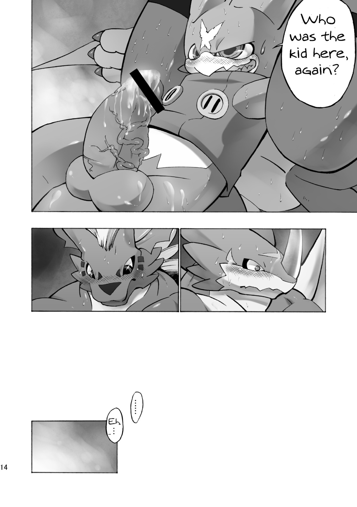 absurd_res balls bandai_namco blush bodily_fluids clothing comic cum dialogue digimon digimon_(species) dragon e621 english_text erection exveemon genital_fluids genitals greyscale group growlmon gumdramon hatake head_wings hi_res humanoid_genitalia humanoid_penis male male/male membrane_(anatomy) membranous_wings monochrome multiple_scenes muscular mythological_creature mythological_scalie mythology penis reptile scalie sex sweat text translated unusual_wing_placement wings
