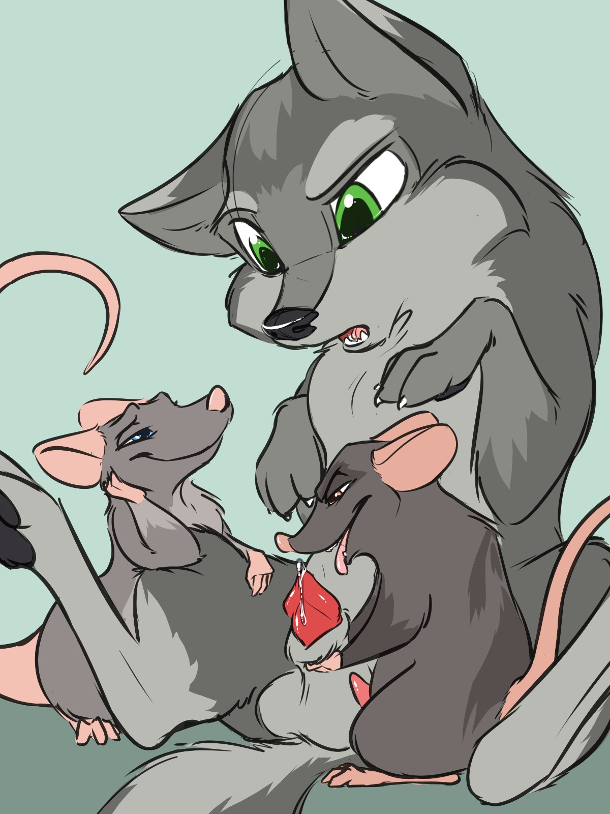 3:4 animal_genitalia balls blue_eyes bodily_fluids canid canine canis carrot_(artist) claws digital_media_(artwork) e621 erection feral feral_on_feral genital_fluids genitals green_eyes group half-erect hi_res interspecies larger_male larger_young male male/male mammal murid murine open_mouth penis penis_tip precum rat red_eyes rodent sheath simple_background sitting size_difference smaller_male smile surprised tapering_penis tongue tongue_out toony wolf young young_feral