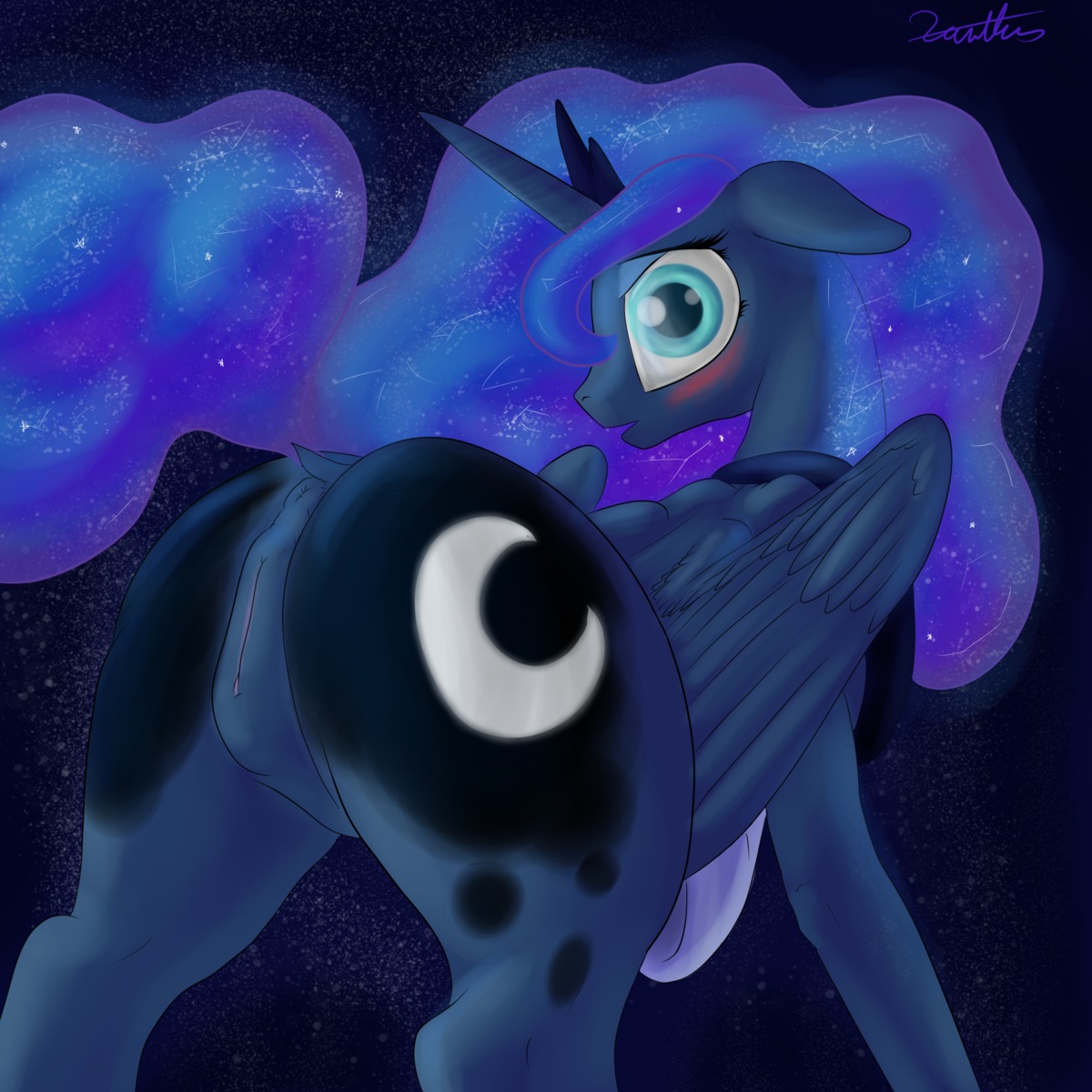 1:1 2014 anus blue_body blue_eyes blue_feathers blue_fur blue_hair blush butt cutie_mark e621 equid equine feathered_wings feathers female feral friendship_is_magic fur genitals hair hasbro hi_res horn long_hair looking_at_viewer mammal my_little_pony mythological_creature mythological_equine mythology princess_luna_(mlp) solo vulva winged_unicorn wings xanthor