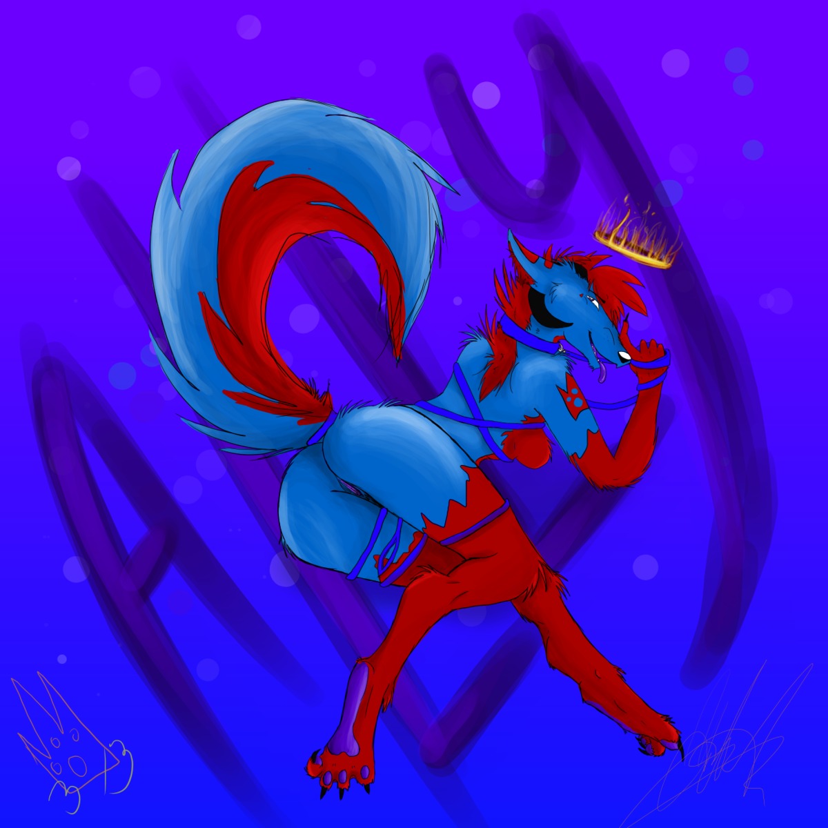 1:1 4_toes abstract_background ally_(alxias) alxias alxias_(artist) anthro bent_over blue_background blue_body blue_fur breasts butt canid canine canis claws collar demon digital_media_(artwork) e621 feet female fire fluffy fluffy_tail fur genitals hair hi_res horn leash looking_at_viewer looking_back mammal nude open_mouth pawpads paws plantigrade presenting presenting_hindquarters presenting_vulva raised_tail red_body red_fur red_hair simple_background solo tail teeth toe_claws toes tongue tongue_out vulva white_nose wolf