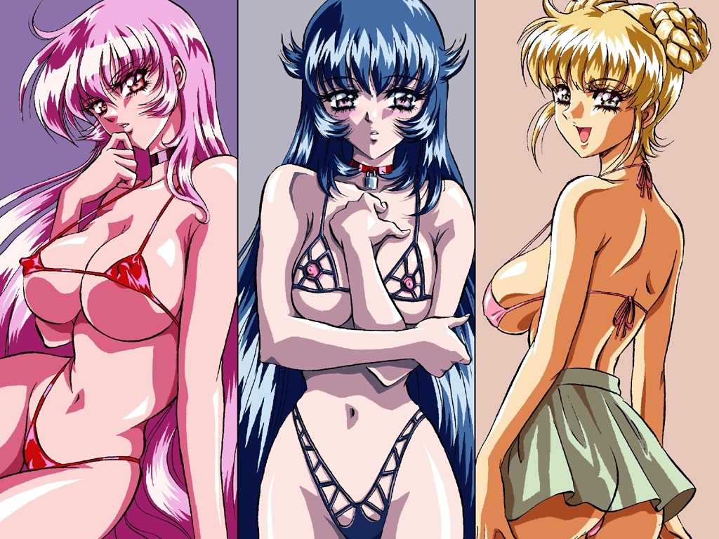 3girls 90s artist_request ass bikini blue_hair breasts cleavage copyright_request female female_only large_breasts multiple_females multiple_girls nipples panties rule34 smile swimsuit underwear