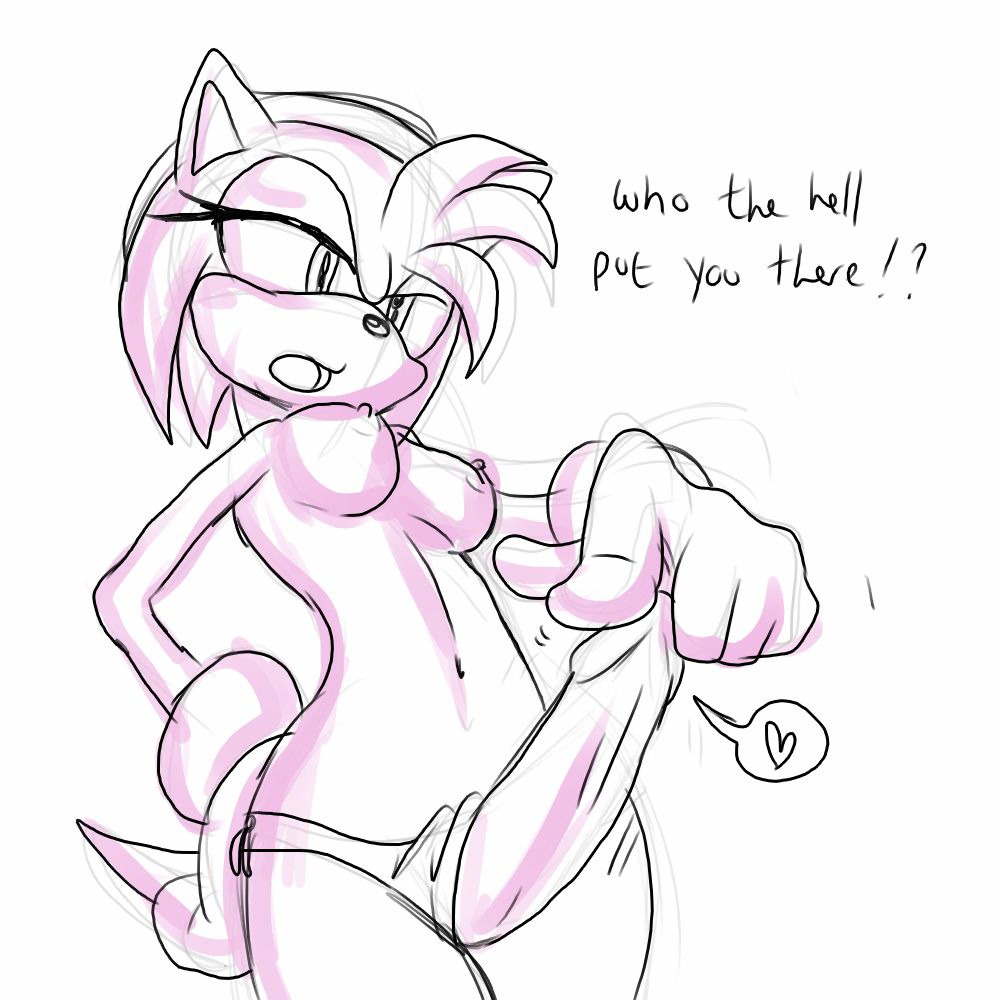 1:1 amy_rose anthro anthrofied auntymoira black_and_white breasts clothed clothing e621 eulipotyphlan exclamation_point genitals gynomorph heart_symbol hedgehog interrobang intersex mammal monochrome navel nipples panties penis pink_and_white question_mark sega simple_background solo sonic_the_hedgehog_(series) topless underwear white_background