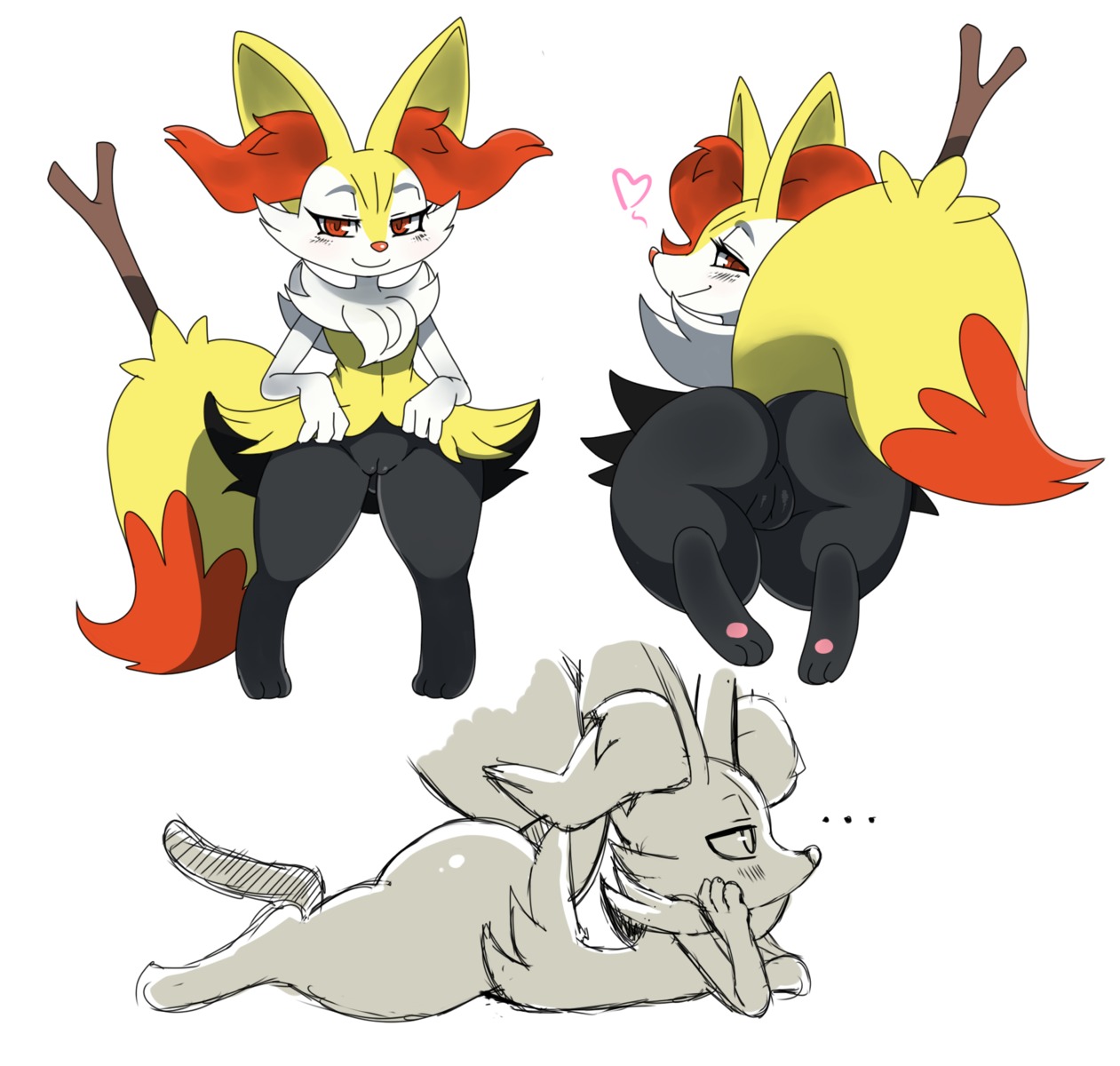 2013 3_fingers 3_toes anthro arm_tuft big_butt big_ears big_tail biped black_body black_fur blush blush_lines bored braixen butt canid cel_shading cheek_tuft chest_tuft colored_sketch digital_drawing_(artwork) digital_media_(artwork) dipstick_tail e621 ellipsis eyelashes facial_tuft featureless_chest feet female female_anthro fingers flat_chested fluffy fluffy_tail front_view full-length_portrait fur generation_6_pokemon genitals half-closed_eyes head_on_hand heart_symbol hi_res hindpaw humanoid_genitalia humanoid_vulva inner_ear_fluff looking_at_viewer looking_back lying mammal markings mouth_closed multicolored_body multicolored_fur narrowed_eyes nintendo nude nude_anthro nude_female object_in_tail on_front orange_body orange_eyes orange_fur orange_nose orange_tail pawpads paws pink_pawpads pointy_ears pokemon pokemon_(species) portrait presenting presenting_hindquarters presenting_vulva prick_ears rear_view seductive shaded shoulder_tuft side_view simple_background sketch sketch_page smile snout solo sssonic2 standing stick stick_in_tail tail tail_markings thick_thighs toes tuft two_tone_tail vulva white_background white_body white_fur wide_hipped_anthro wide_hipped_female wide_hips yellow_body yellow_fur yellow_tail