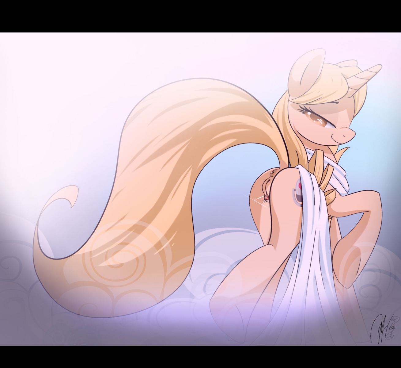 anus black_bars blonde_hair brown_eyes butt cutie_mark e621 equid equine female feral genitals hair hasbro hi_res horn letterbox long_hair looking_at_viewer looking_back mammal my_little_pony mythological_creature mythological_equine mythology ovorange presenting presenting_hindquarters solo tara_strong third-party_edit unicorn vulva