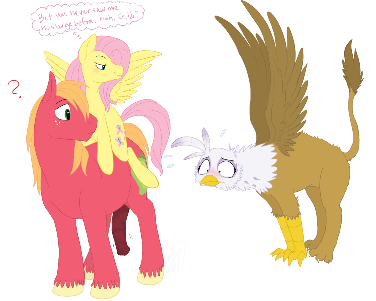 avian beak big_macintosh_(mlp) blonde_hair blue_eyes blush brown_body brown_feathers brown_fur cartoonlion cutie_mark e621 earth_pony english_text equid equine feathered_wings feathers female feral flaccid fluttershy_(mlp) friendship_is_magic fur genitals gilda_(mlp) green_eyes group gryphon hair hasbro hi_res hooves horse looking_at_genitalia looking_at_penis male mammal my_little_pony mythological_avian mythological_creature mythological_equine mythology pegasus penis pink_hair pony question_mark red_body red_fur shocked simple_background tail tail_tuft text tuft white_background white_body white_feathers wing_boner wings yellow_body yellow_feathers yellow_fur