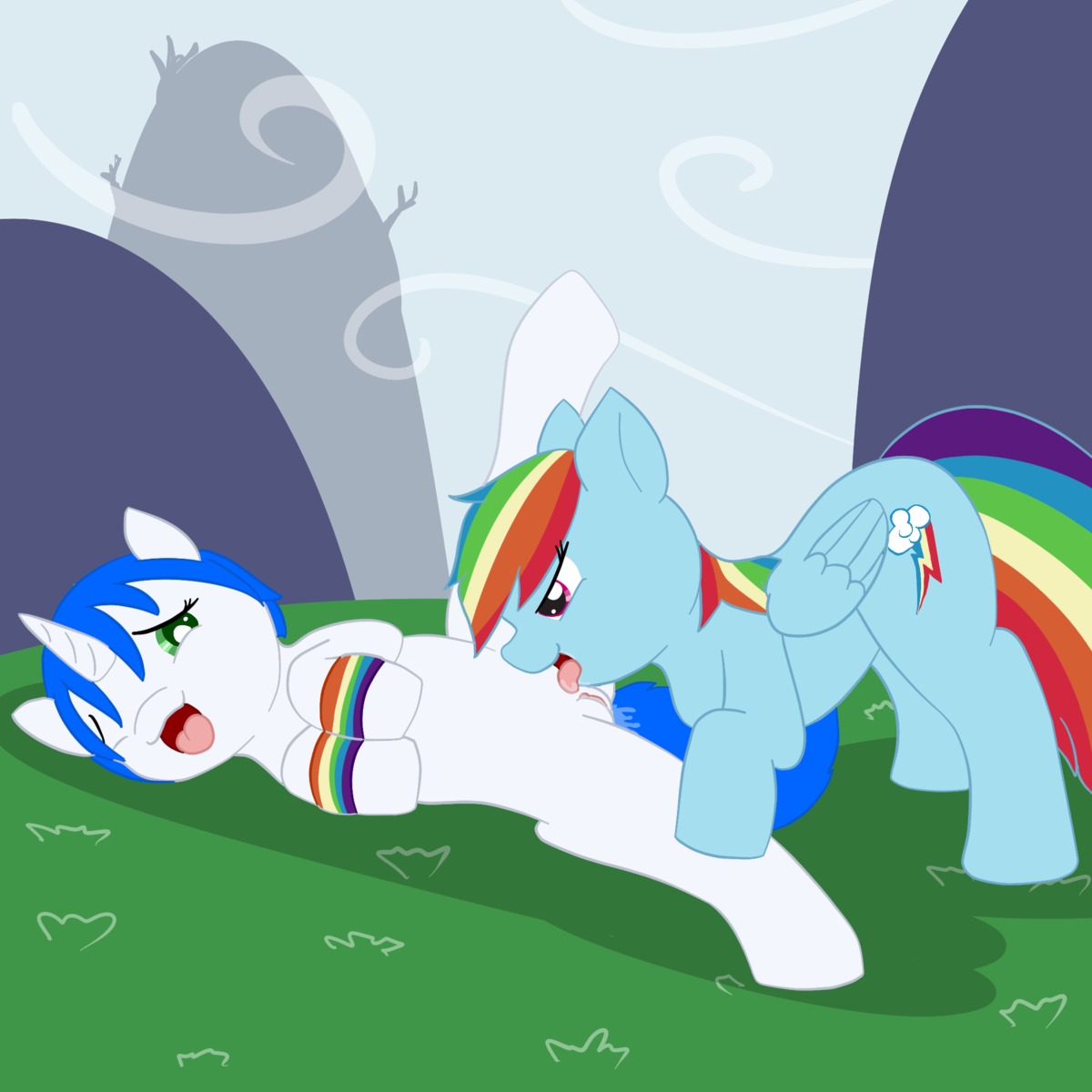 animal background blush color equine female feral friendship_is_magic furry furry_only green_eyes horn horse multicolored_hair my_little_pony mythological_creature mythological_equine mythology open_eyes pegasus pink_eyes planeshifterlair pony rainbow_dash_(mlp) rule34 smooth_skin tail unicorn wink yuri