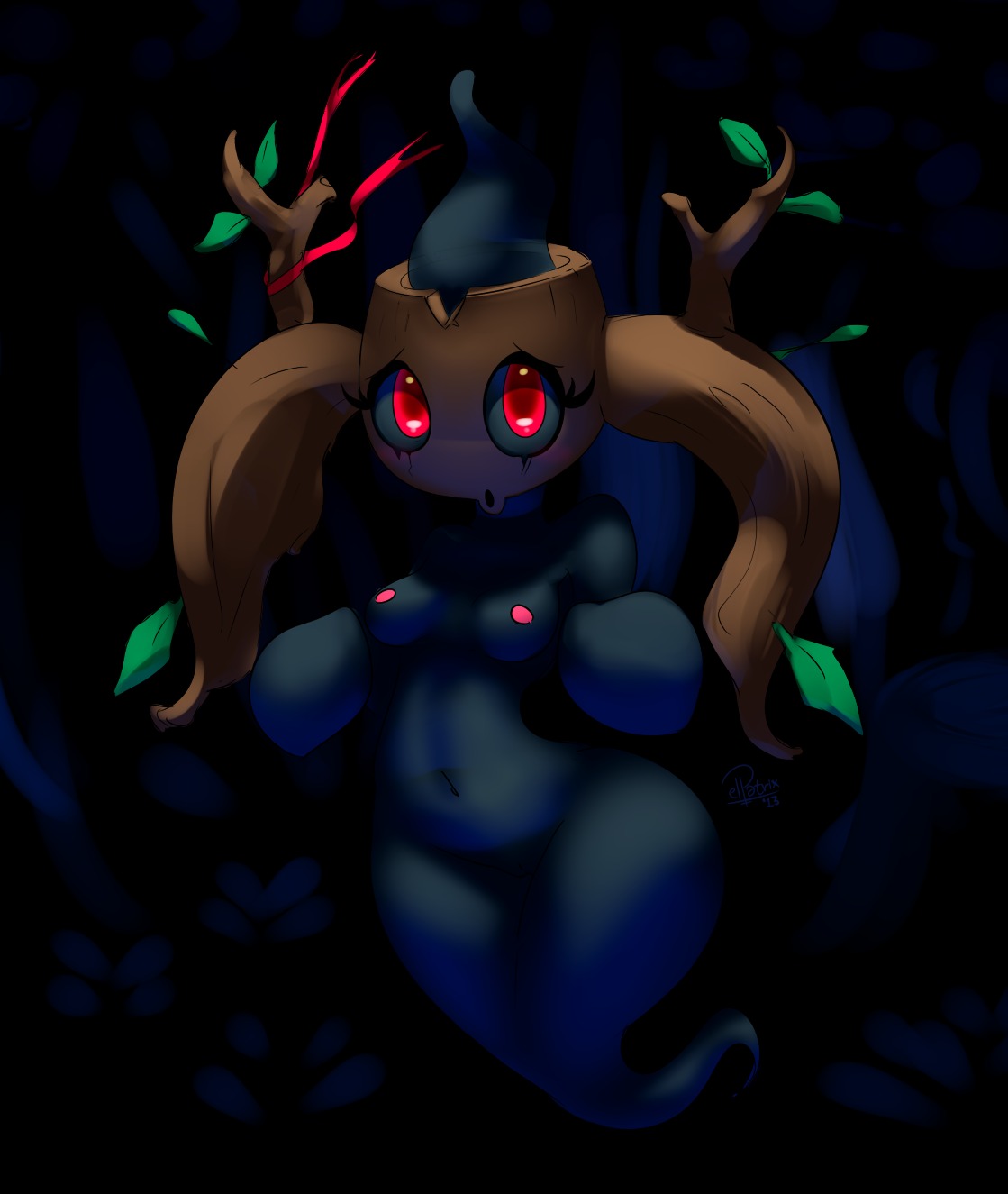 2013 black_body blush breasts dark digital_media_(artwork) e621 elpatrixf female female_humanoid generation_6_pokemon genitals hi_res humanoid nintendo nipples phantump pink_nipples pokemon pokemon_(species) red_eyes red_nipples solo spirit vulva wide_hips wood