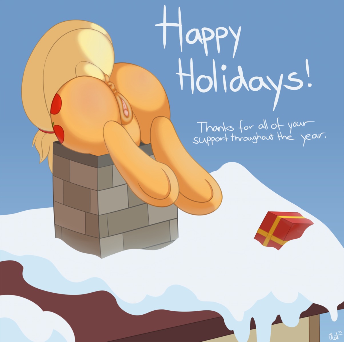 anus applejack_(mlp) blonde_hair butt chimney cutie_mark digital_media_(artwork) e621 earth_pony english_text equid equine exposed female feral friendship_is_magic genitals gift hair hasbro hi_res horse mammal my_little_pony pony quadruped raised_tail ratofdrawn solo stuck tail text vulva
