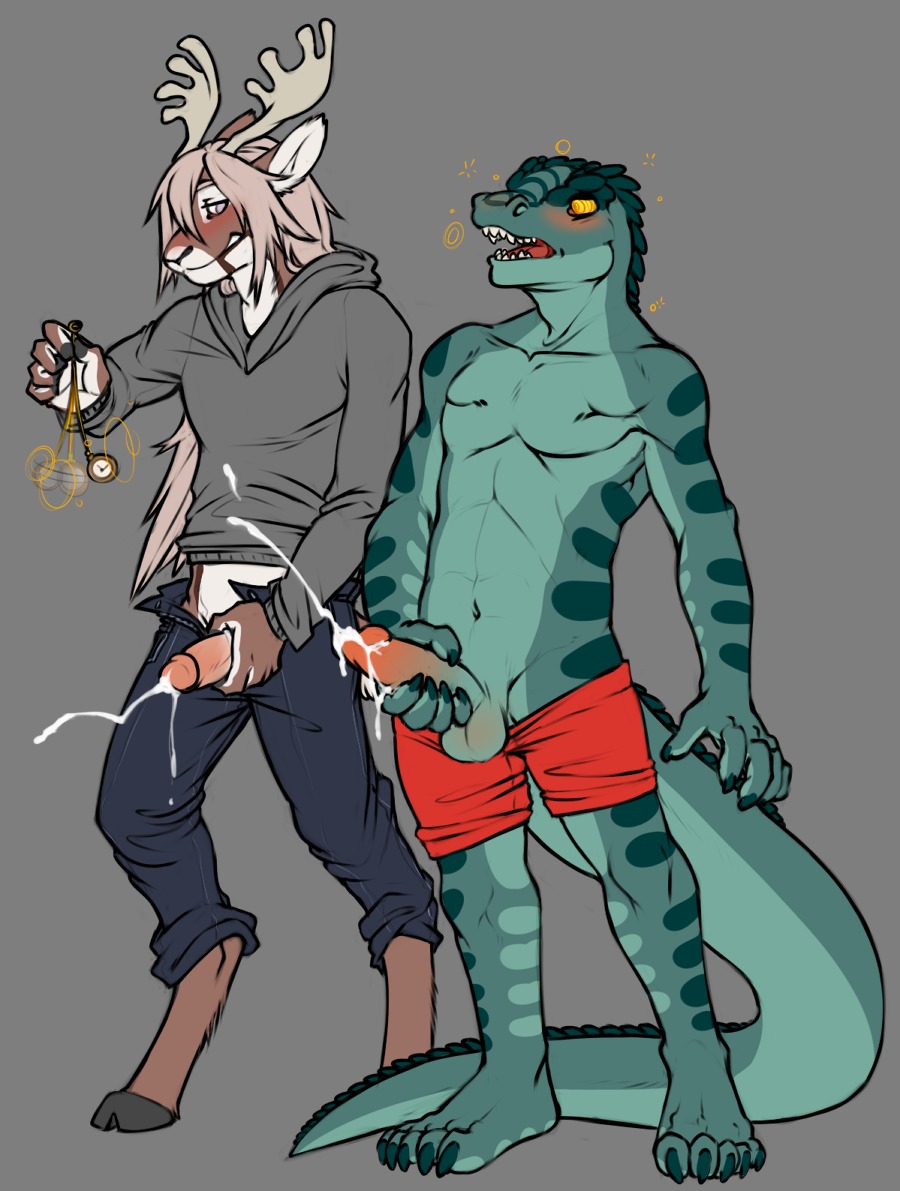 5_toes alligator alligatorid alpha_channel anthro anthro_on_anthro antlers balls blush bodily_fluids bottomwear claws clothed clothing crocodilian cum cumshot deer dominant dominant_male duo e621 ejaculation erection feet genital_fluids genitals hair hindpaw hoodie hooves horn humanoid_genitalia humanoid_penis hypnosis male mammal masturbation mind_control nude open_bottomwear open_clothing open_pants orgasm pants paws penile penile_masturbation penis plantigrade reptile scalie shorts simple_background spiral spiral_eyes standing submissive submissive_male tail the-narutoshi toes topwear transparent_background