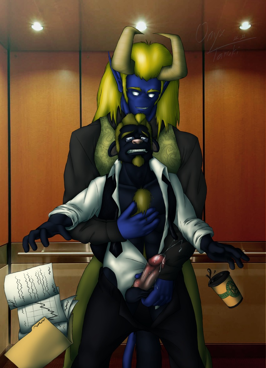 2011 abs accessory anthro anthro_on_anthro assisted_exposure ball_fondling balls bgn biggens_(character) black_body black_fur blonde_hair blue_body blue_skin bodily_fluids body_hair bottomwear canid canine chest_hair clothed clothed_sex clothing demon digital_media_(artwork) duo e621 elevator empty_eyes erection eyewear facial_hair fondling fur genital_fluids genitals glasses goatee hair handjob horn long_hair looking_at_viewer male male/male mammal necktie noseless office onyx_wasson onyxtanuki_(artist) open_bottomwear open_clothing open_pants open_shirt open_topwear pants partially_clothed penile penis pink_nose precum questionable_consent raccoon_dog sex shirt suit tanuki topwear vest white_eyes