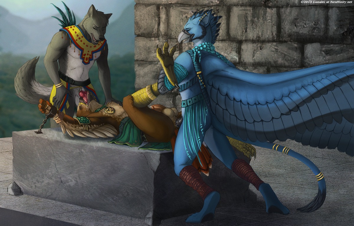 altar anal anal_penetration animal_genitalia animal_penis anthro anthro_on_anthro avian aztec beak beak_fetish beak_play beak_sex beakjob bird bound butt canid canine canine_genitalia canine_penis canis chain digitigrade dominant dominant_male double_penetration e621 erection eyes_closed feathered_wings feathers feet fellatio fuck_bench genitals group group_sex gryphon hindpaw humanoid_genitalia humanoid_penis interspecies knot lunalei lying male male/male male_penetrated male_penetrating male_penetrating_male mammal mesoamerican_architecture mythological_avian mythological_creature mythology on_back oral oral_penetration outside paws penetration penile penis raised_leg sacrifice sex spitroast spread_legs spreading standing submissive submissive_male table_lotus_position tail threesome trio wings wolf