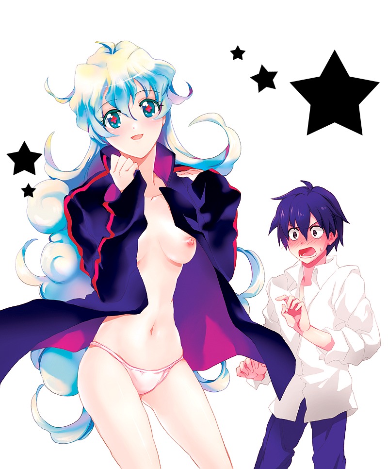 1boy awa-san awa_(awaawa) blue_hair blush breasts couple female jacket long_hair male multicolored_hair nia_teppelin nipples panties rule34 short_hair simon_(tengen_toppa_gurren_lagann) smile star stars tengen_toppa_gurren_lagann topless underwear
