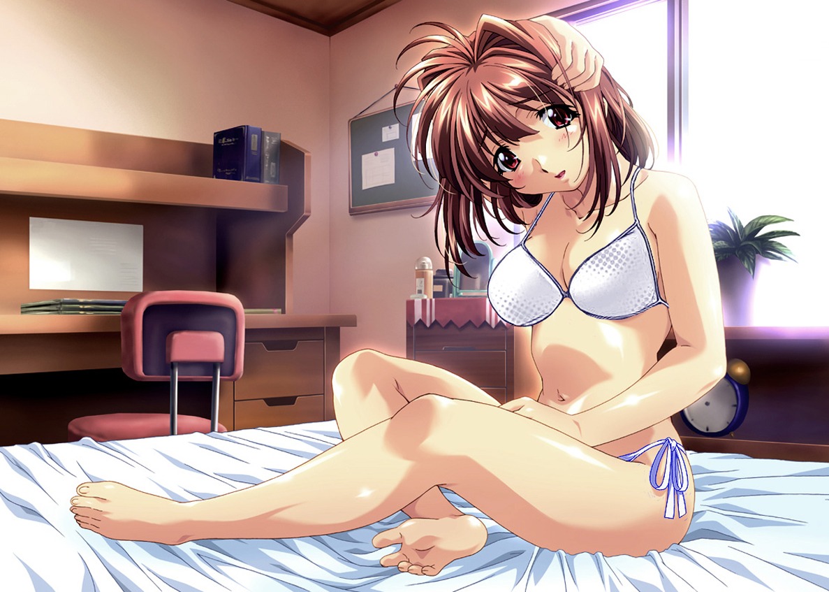 bed bikini blush breasts brown_hair chair cleavage clock desk feet female hand_on_head head_tilt kawai_rie lovers_(game) mizugi photoshop red_eyes rule34 short_hair side-tie_bikini sitting small_breasts smile swimsuit taki_minashika white_bikini window
