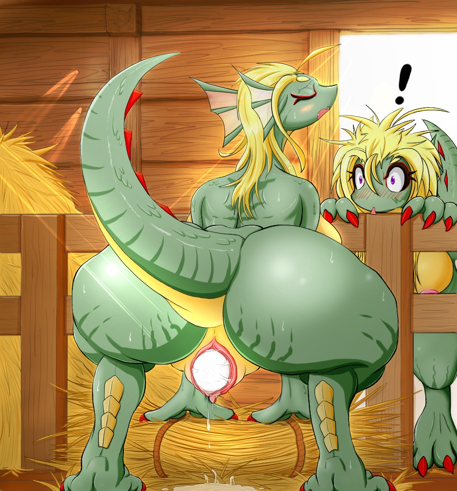 animal_genitalia anthro big_butt butt claws cloaca duo e621 egg female genitals lizard oviposition rear_view reptile scalie solo_focus unknown_artist vertical_cloaca vulva