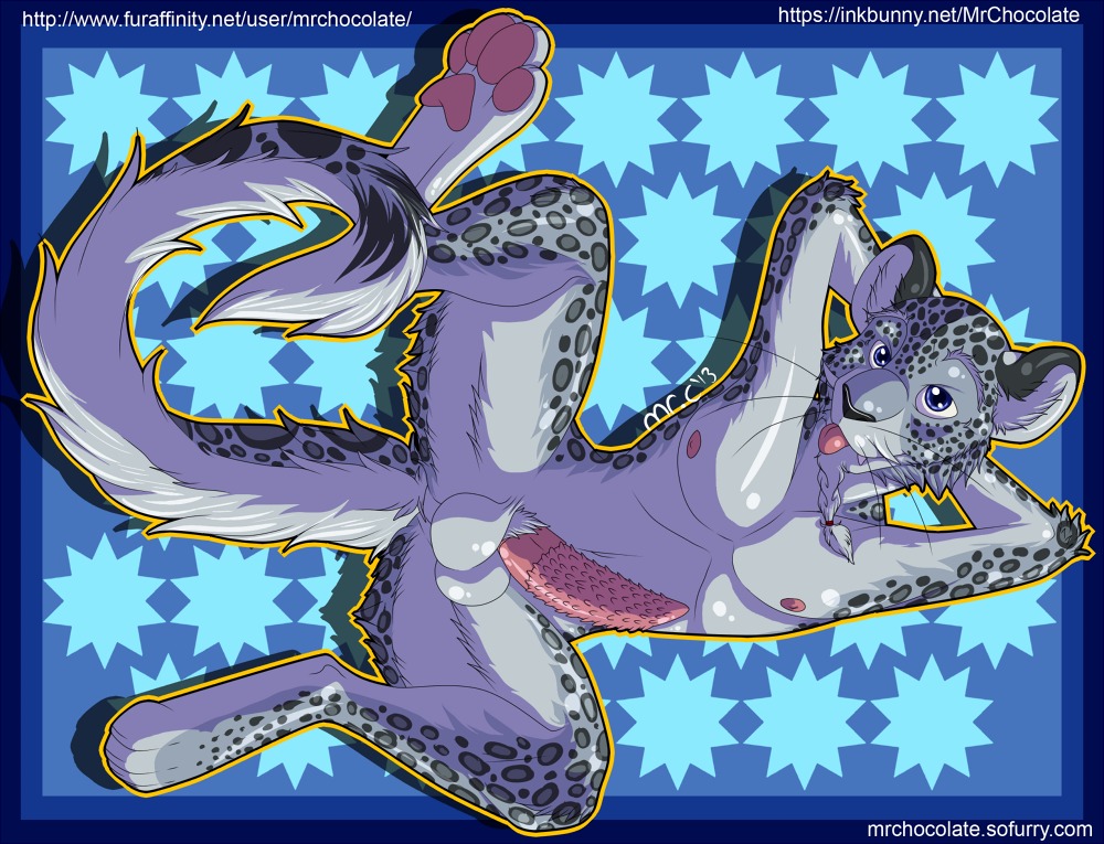 anthro balls digitigrade e621 erection felid genitals leopard looking_at_viewer male mammal mrchocolate nude p9iko0 pantherine pattern_background penile_spines penis simple_background snow_leopard solo text url