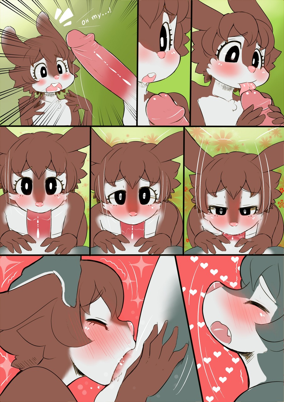 ambiguous_gender anthro balls black_eyes blush brown_body brown_fur buckteeth canid canine canis comic countershading deep_throat del_greyson dialogue duo e621 english_text erection eye_contact eyelashes eyes_closed fangs fellatio femboy first_person_view fur genitals grey_body grey_fur half-closed_eyes hand_on_belly hand_on_head hand_on_leg hand_on_thigh head_grab heart_symbol hi_res humanoid_hands lagomorph leporid licking looking_at_another looking_at_partner looking_at_viewer looking_pleasured male male/male male_penetrated male_penetrating male_penetrating_male male_pov mammal multiple_scenes narrowed_eyes open_mouth oral oral_penetration pattern_background penetrating_pov penetration penile penile_penetration penis penis_lick pink_nose rabbit sex simple_background teeth text tongue tongue_out toto_draw white_body white_fur wolf