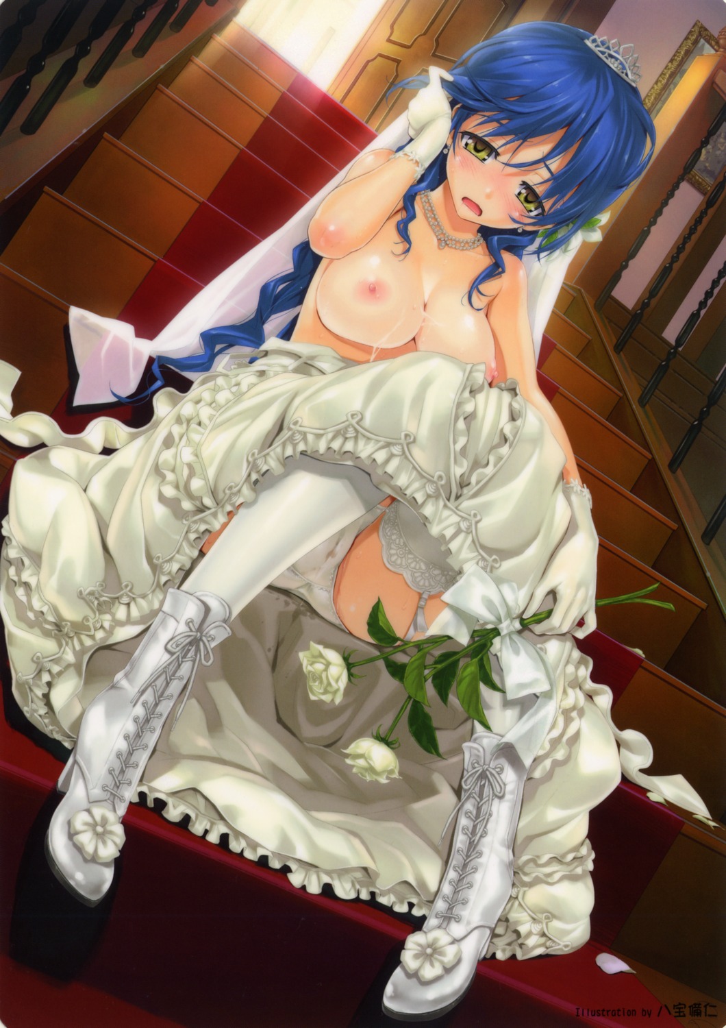 1girls adjusting_hair areolae blue_hair blush boots bouquet bow breasts bridal_veil bride cameltoe copyright_request cross-laced_footwear cum cum_on_body cum_on_breasts cum_on_upper_body dress dress_pull dutch_angle earrings erect_nipples female female_only flower garters gloves happoubi_jin high_heels highres jewelry lace-up_boots large_breasts long_hair necklace nipples no_bra open_mouth panties pussy pussy_juice ribbon rose rule34 shoes sitting solo stain stairs thighhighs tiara underwear upskirt veil wedding_dress wet white_rose yellow_eyes