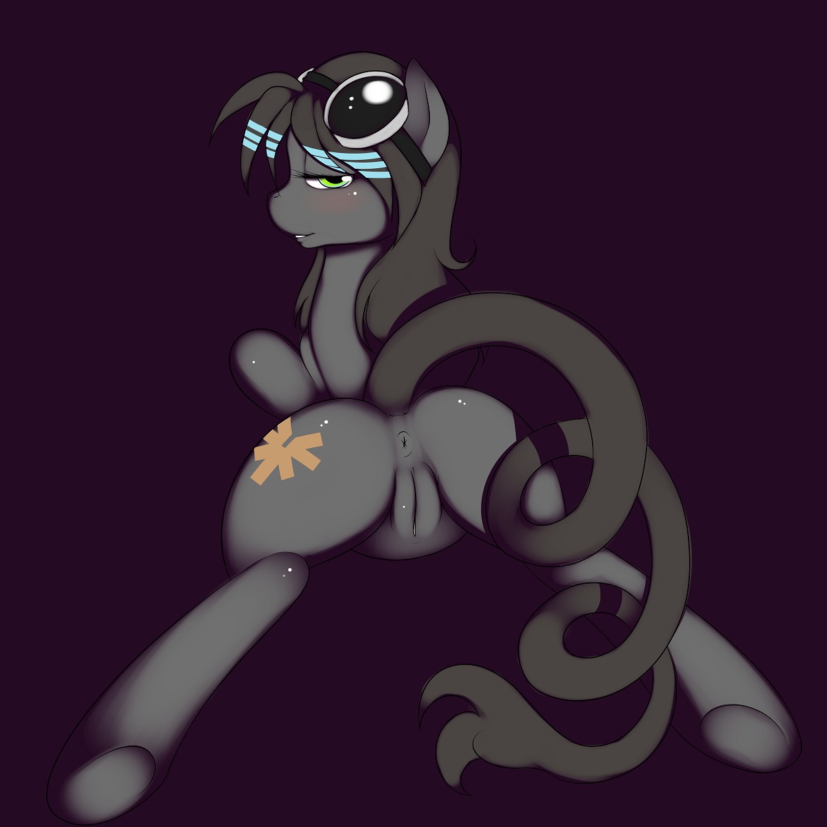 1:1 anus blush butt digital_media_(artwork) e621 equid equine eyewear female genitals goggles green_eyes hasbro hi_res horse kloudmutt looking_at_viewer mammal my_little_pony solo spread_legs spreading tail vulva