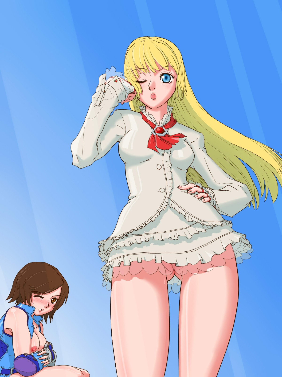 2girls blonde_female blonde_hair blue_eyes breasts brown_hair dress emilie_de_rochefort female female_only kazama_asuka multiple_females multiple_girls namco nipples pussy rule34 tagme tekken tekken_5_dark_resurrection white_dress wink