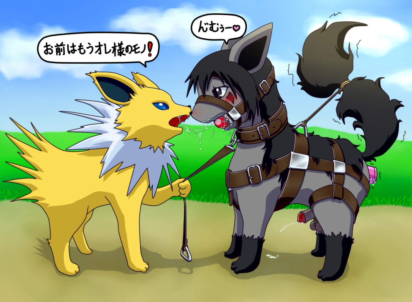 balls blush color day eeveelution feral fur insertion interspecies jolteon leash male mightyena nintendo nude outdoors penis pokemon pokemon_(species) rule34 side_view tagme testicles