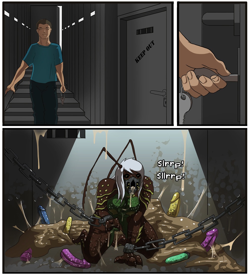 2013 animal_humanoid arthropod arthropod_humanoid bodily_fluids breasts chain chained_to_wall claws comic dildo dominant duo e621 egg ejaculation female genital_fluids genitals humanoid insect kneeling lunate male monster monstrous_humanoid multi_genitalia multi_vulva nipples non-mammal_breasts non-mammal_nipples orgasm oviposition prisoner sex_toy slime spitbug sticky toe_claws unusual_anatomy unusual_genitalia_placement unusual_vulva_placement vaginal_fluids vaginal_squirting vulva vulva_for_mouth wet