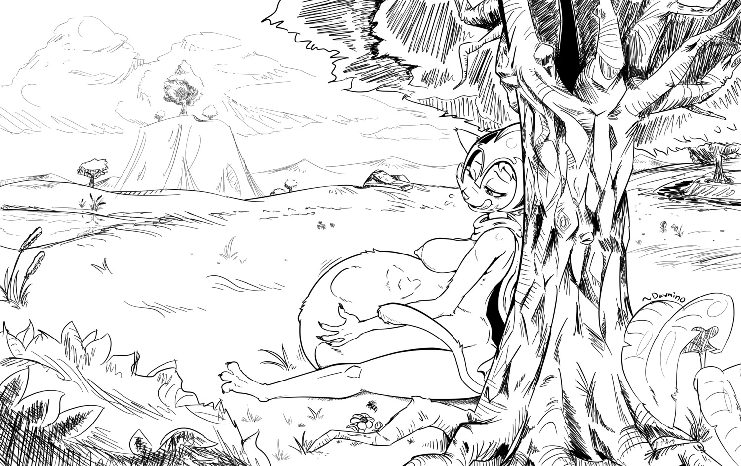 absurd_res anthro armor belly big_belly big_breasts biped bodily_fluids breasts cape clothing dawmino digital_drawing_(artwork) digital_media_(artwork) domestic_cat e621 felid feline felis female forest fur headgear helmet hi_res mammal monochrome nipples nude outside plant saliva sitting solo teeth tongue tree vore wilderness