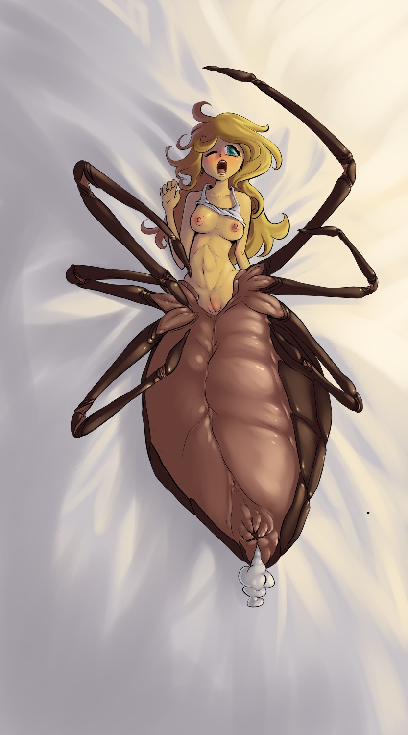 2013 arachne arachnid arachnid_taur arthropod arthropod_abdomen arthropod_taur bakuhaku blonde_hair blush breasts clothing e621 european_mythology female female_taur frontal_taur_genitals frontal_taur_vulva genitals greek_mythology green_eyes hair hi_res lying monster_girl_(genre) mythology navel nipples on_back open_mouth solo spider spider_taur taur vulva
