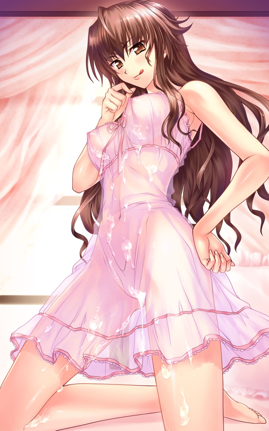 1girls breasts brown_eyes brown_hair cum cum_on_clothes female highres lingerie long_hair nipples onimu original rule34 see-through solo tongue underwear